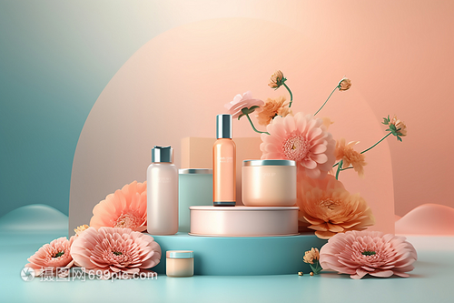 蓝色展台上的护肤品数字艺术 科技与美学的交融